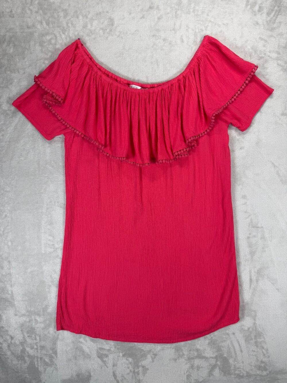 Kaktus L Hot Pink Off Shoulder Mini Dress Boho Peasant Ruffle Gauze Vacation